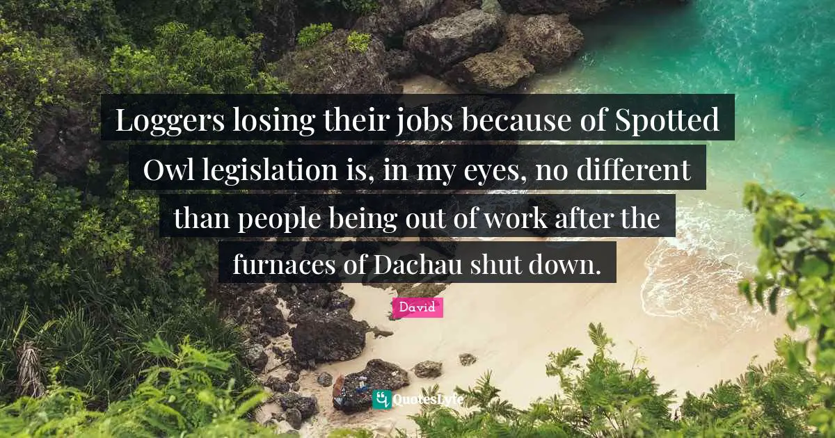 Loggers losing their jobs because of Spotted Owl legislation is, in my eyes, no different than people being out of work after the furnaces of Dachau shut down.
