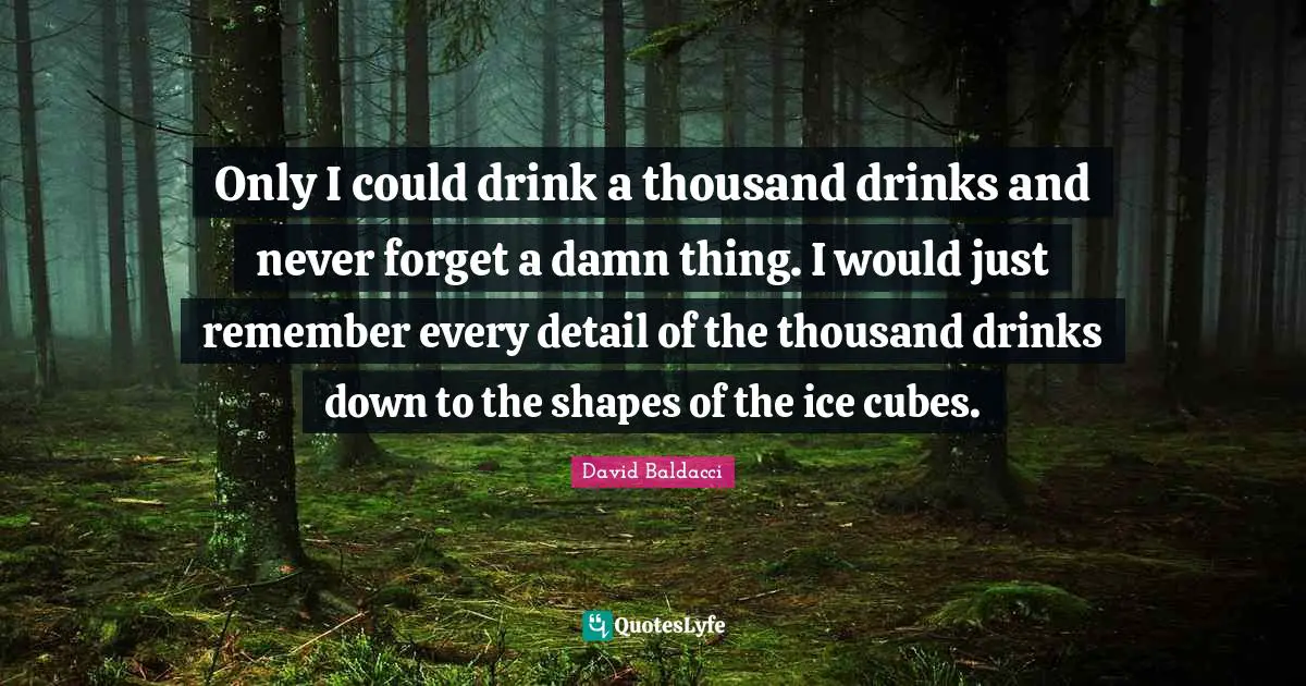 Only I could drink a thousand drinks and never forget a damn thing. I would just remember every detail of the thousand drinks down to the shapes of the ice cubes.