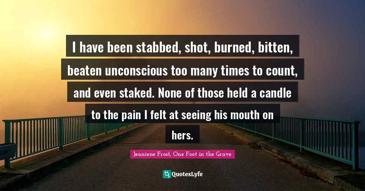 I have been stabbed, shot, burned, bitten, beaten unconscious too many times to count, and even staked. None of those held a candle to the pain I felt at seeing his mouth on hers.