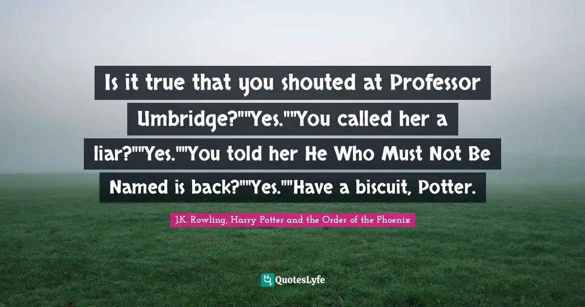 Is it true that you shouted at Professor Umbridge?""Yes.""You called her a liar?""Yes.""You told her He Who Must Not Be Named is back?""Yes.""Have a biscuit, Potter.