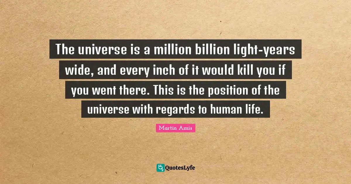 Martin Amis Quotes: "The universe is a million billion light-years wide, and every inch of it would kill you if you went there. This is the position of the universe with regards to human life."