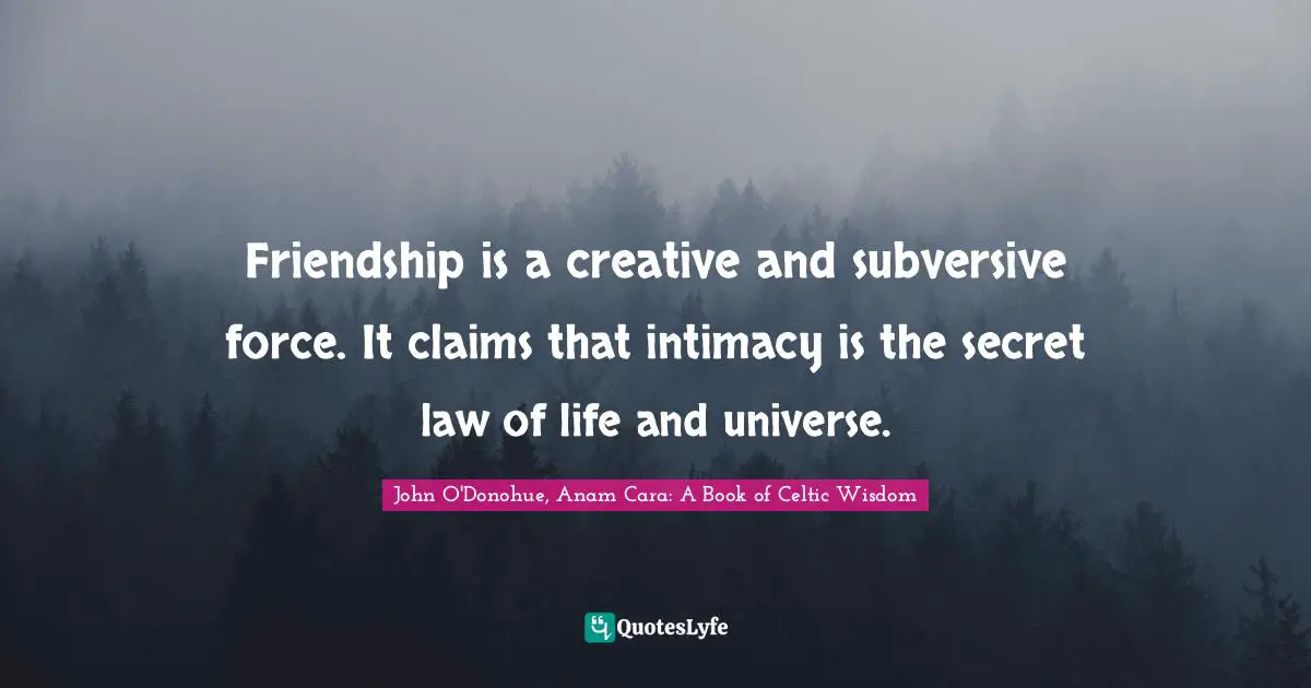 Friendship is a creative and subversive force. It claims that intimacy is the secret law of life and universe.