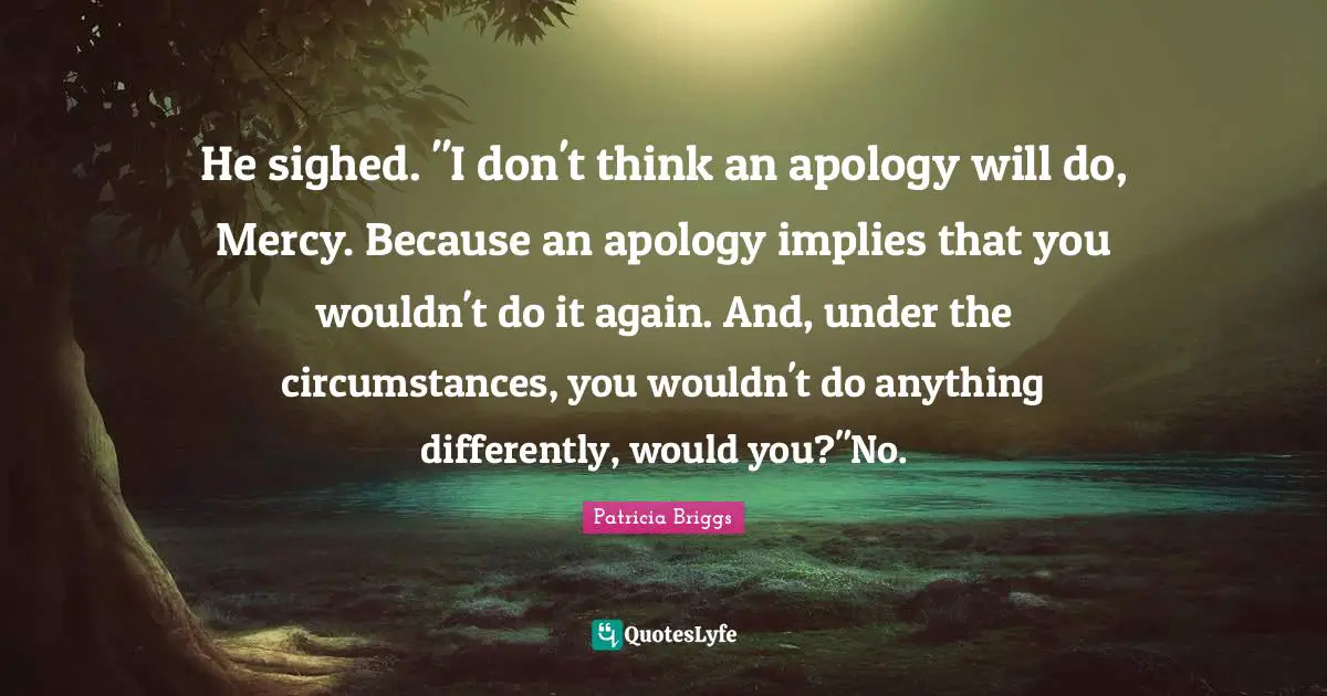 He sighed. "I don't think an apology will do, Mercy. Because an apology implies that you wouldn't do it again. And, under the circumstances, you wouldn't do anything differently, would you?"No.