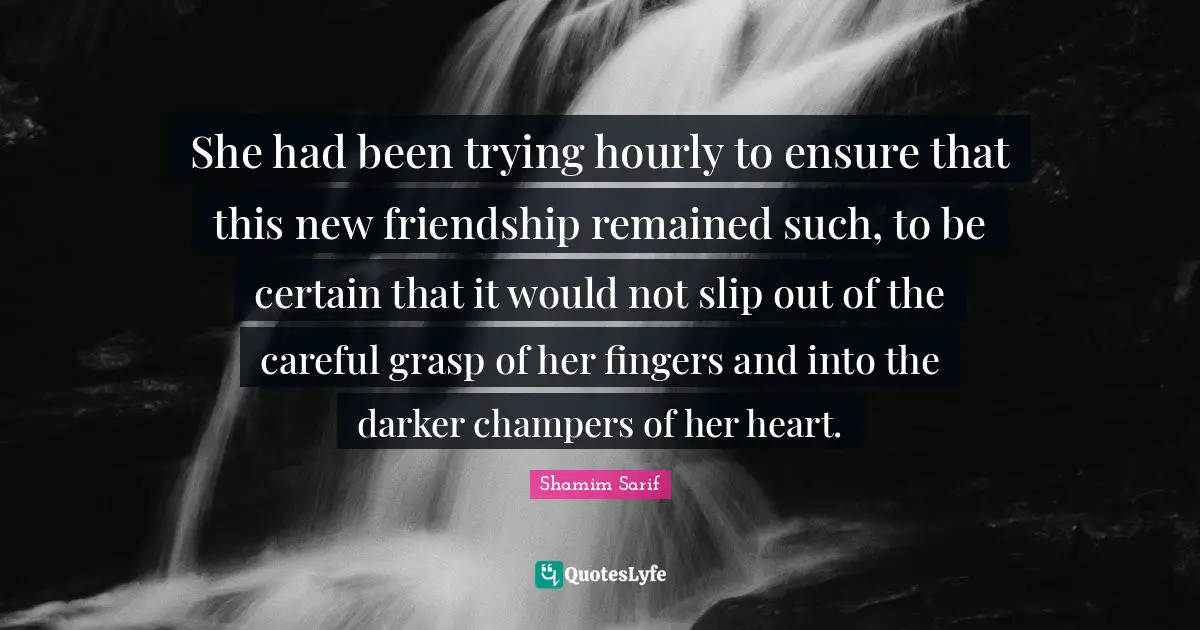 She had been trying hourly to ensure that this new friendship remained such, to be certain that it would not slip out of the careful grasp of her fingers and into the darker champers of her heart.
