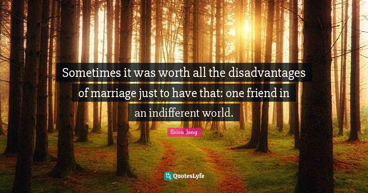Friendship Love Quotes: "Sometimes it was worth all the disadvantages of marriage just to have that: one friend in an indifferent world."