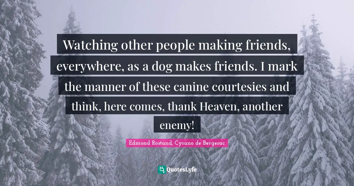 Watching other people making friends, everywhere, as a dog makes friends. I mark the manner of these canine courtesies and think, here comes, thank Heaven, another enemy!