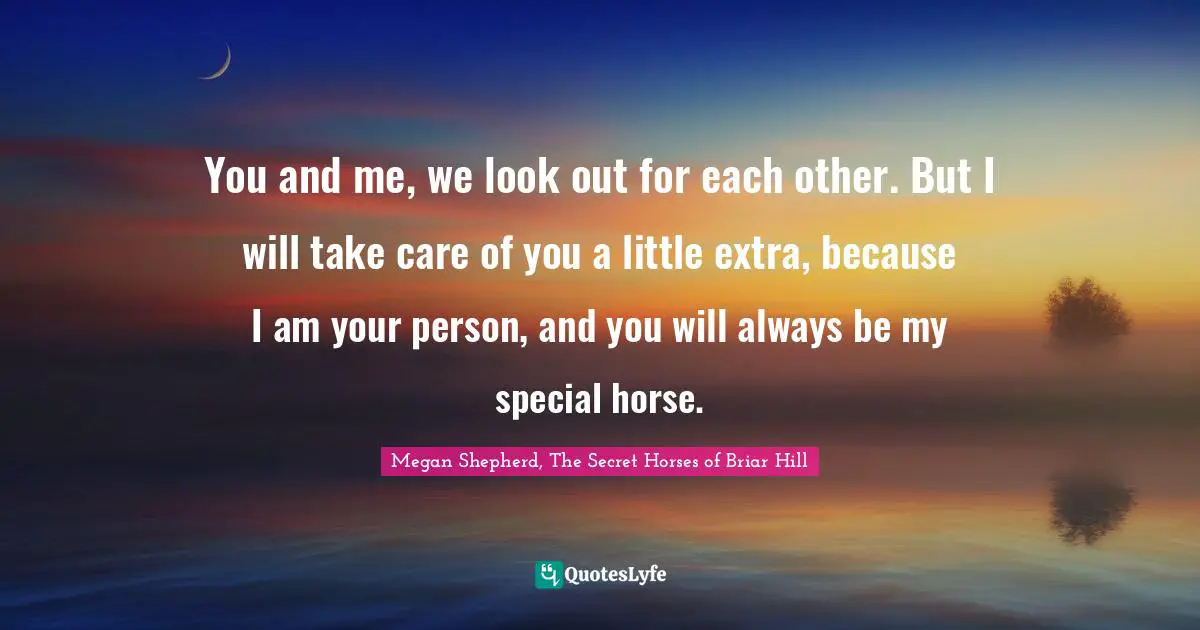 You And Me We Look Out For Each Other But I Will Take Care Of You A Quote By Megan Shepherd The Secret Horses Of Briar Hill Quoteslyfe