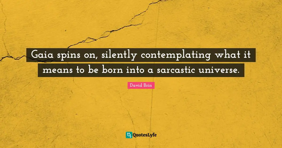 David Brin Quotes: "Gaia spins on, silently contemplating what it means to be born into a sarcastic universe."