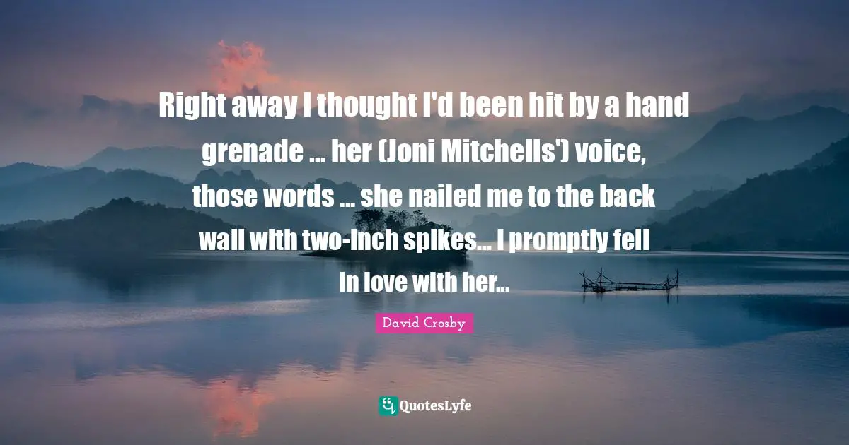 Right away I thought I'd been hit by a hand grenade ... her (Joni Mitchells') voice, those words ... she nailed me to the back wall with two-inch spikes... I promptly fell in love with her...