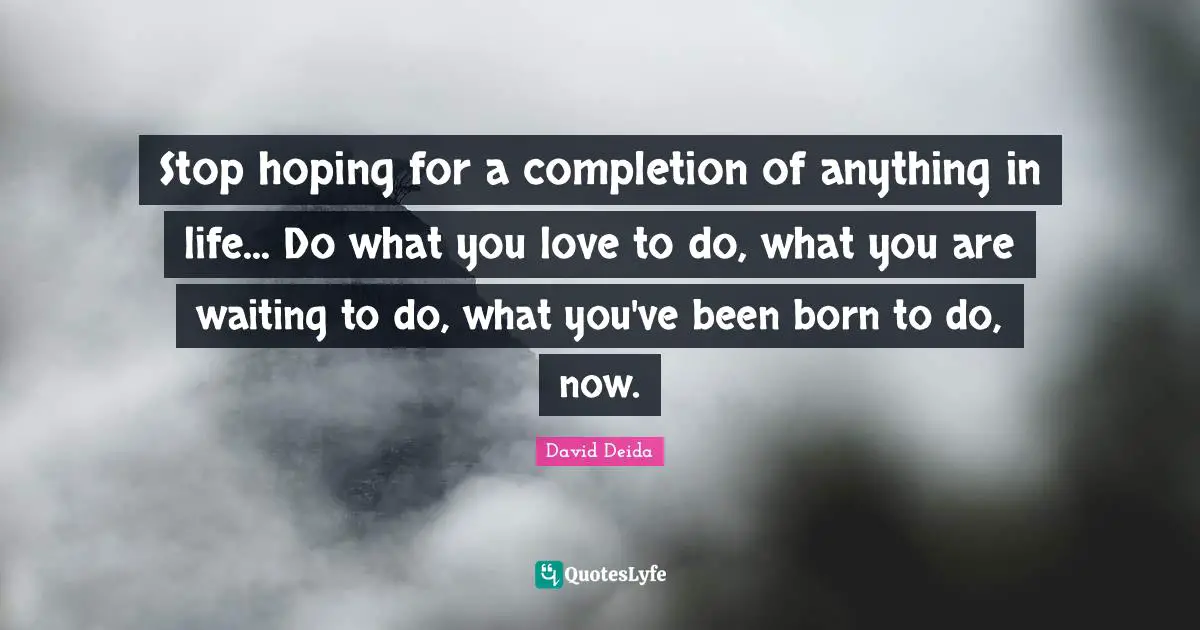 David Deida Quotes: "Stop hoping for a completion of anything in life... Do what you love to do, what you are waiting to do, what you've been born to do, now."