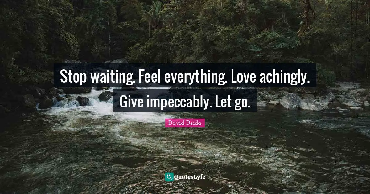 David Deida Quotes: "Stop waiting. Feel everything. Love achingly. Give impeccably. Let go."