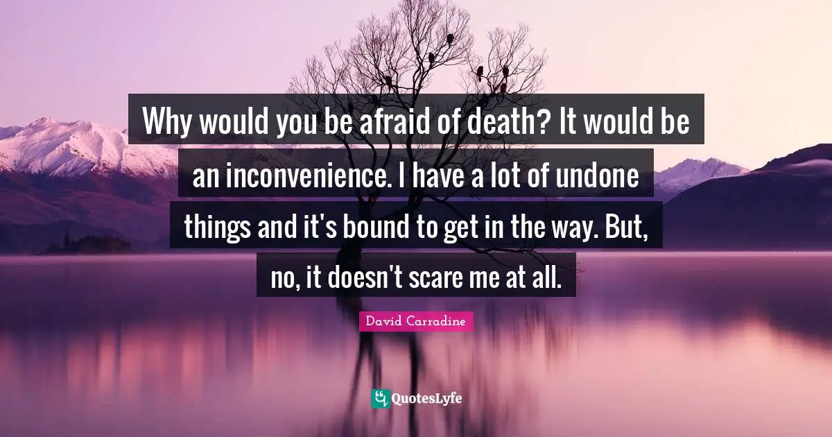 Why would you be afraid of death? It would be an inconvenience. I have a lot of undone things and it's bound to get in the way. But, no, it doesn't scare me at all.