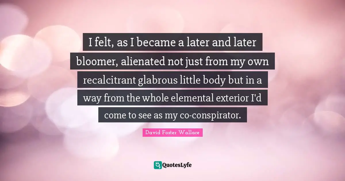 I felt, as I became a later and later bloomer, alienated not just from my own recalcitrant glabrous little body but in a way from the whole elemental exterior I'd come to see as my co-conspirator.