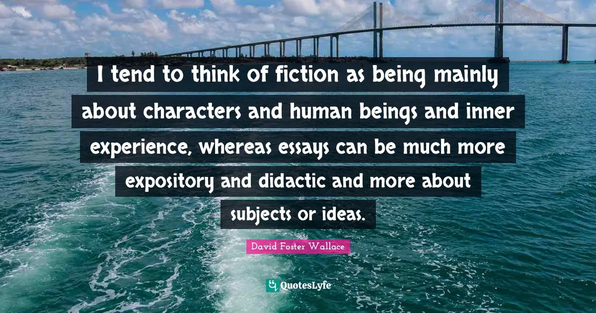 I tend to think of fiction as being mainly about characters and human beings and inner experience, whereas essays can be much more expository and didactic and more about subjects or ideas.