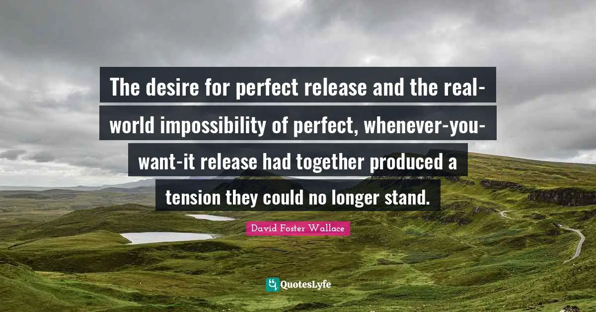 The desire for perfect release and the real-world impossibility of perfect, whenever-you-want-it release had together produced a tension they could no longer stand.