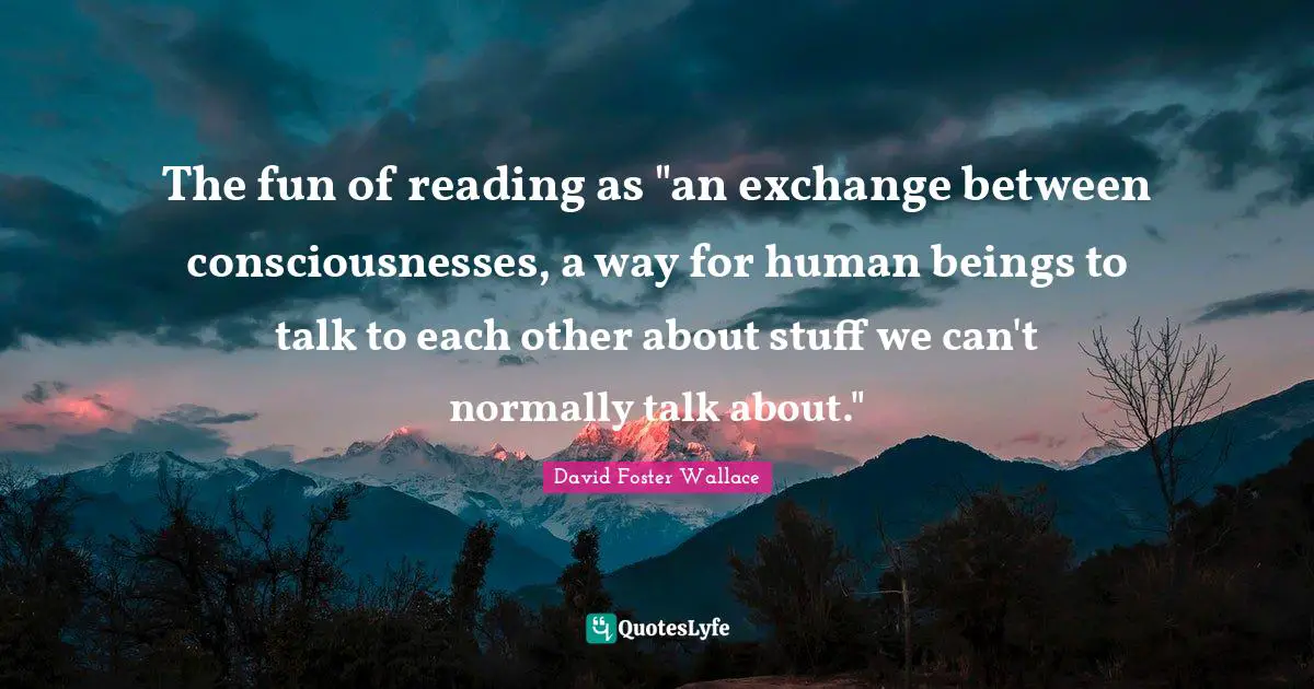The fun of reading as "an exchange between consciousnesses, a way for human beings to talk to each other about stuff we can't normally talk about."