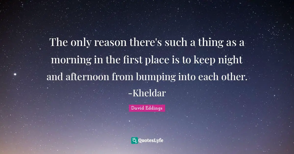 The only reason there's such a thing as a morning in the first place is to keep night and afternoon from bumping into each other. -Kheldar