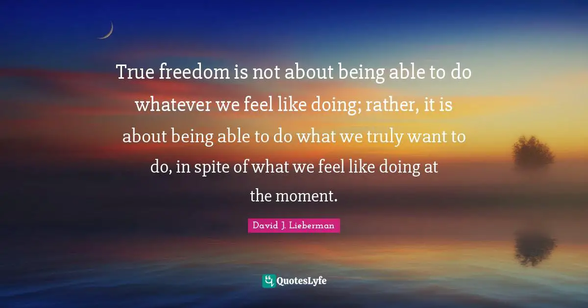 David J Quotes: "True freedom is not about being able to do whatever we feel like doing; rather, it is about being able to do what we truly want to do, in spite of what we feel like doing at the moment."