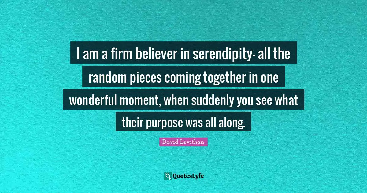 Serendipity Quotes: "I am a firm believer in serendipity- all the random pieces coming together in one wonderful moment, when suddenly you see what their purpose was all along."