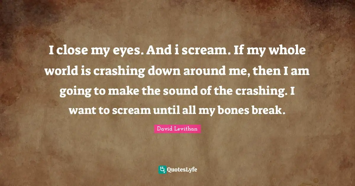 I close my eyes. And i scream. If my whole world is crashing down around me, then I am going to make the sound of the crashing. I want to scream until all my bones break.