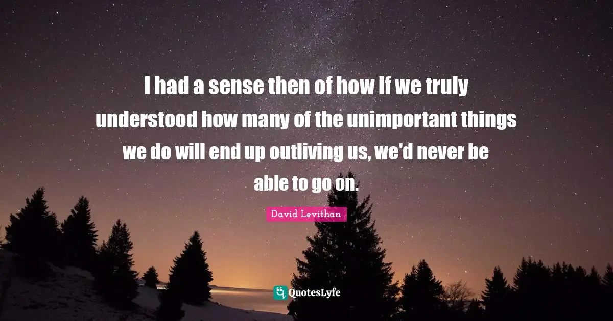 I had a sense then of how if we truly understood how many of the unimportant things we do will end up outliving us, we'd never be able to go on.
