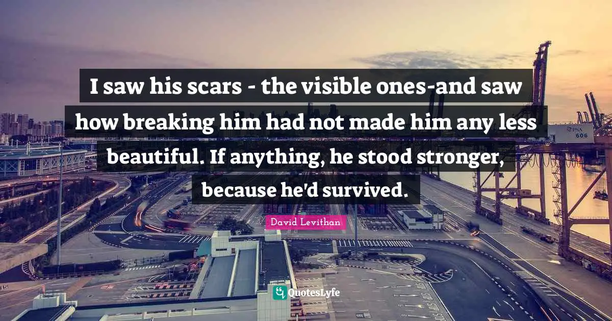 I saw his scars - the visible ones-and saw how breaking him had not made him any less beautiful. If anything, he stood stronger, because he'd survived.