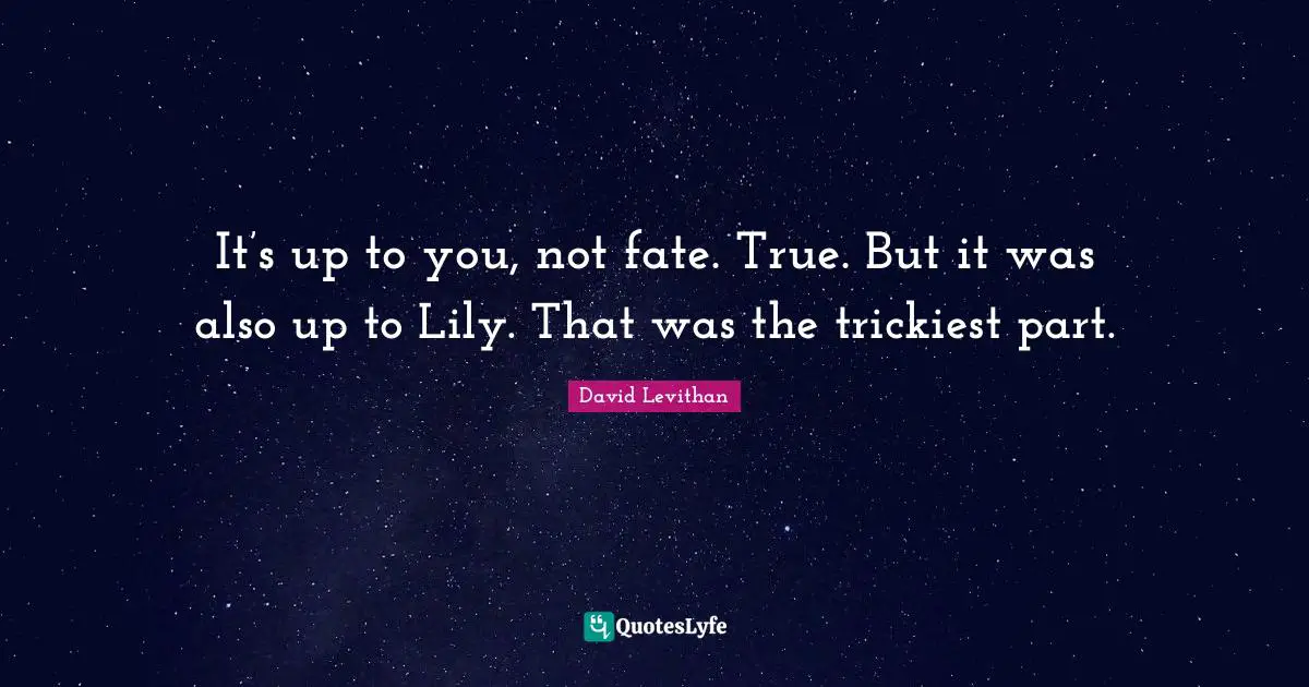 It’s up to you, not fate. True. But it was also up to Lily. That was the trickiest part.