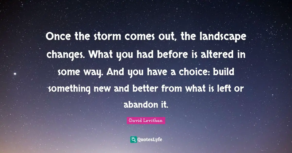 Once the storm comes out, the landscape changes. What you had before is altered in some way. And you have a choice: build something new and better from what is left or abandon it.