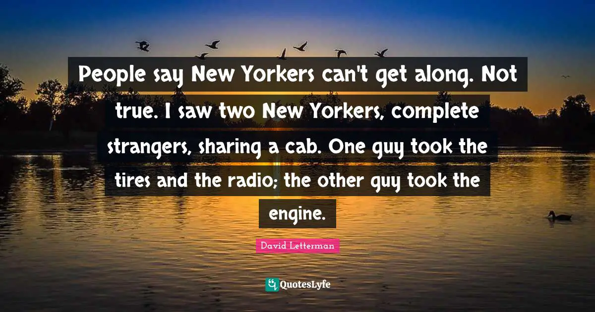People say New Yorkers can't get along. Not true. I saw two New Yorkers, complete strangers, sharing a cab. One guy took the tires and the radio; the other guy took the engine.