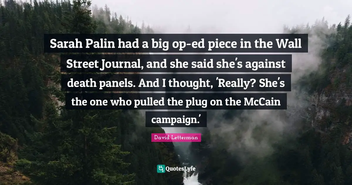 Sarah Palin had a big op-ed piece in the Wall Street Journal, and she said she's against death panels. And I thought, 'Really? She's the one who pulled the plug on the McCain campaign.'