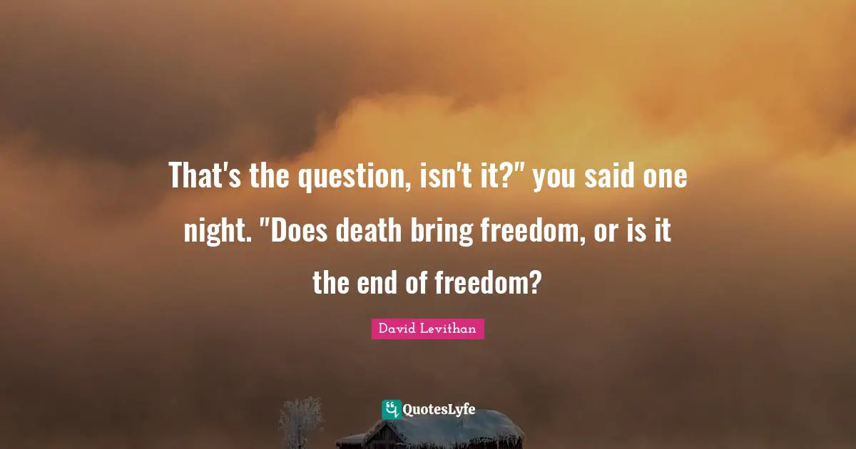 That's the question, isn't it?" you said one night. "Does death bring freedom, or is it the end of freedom?