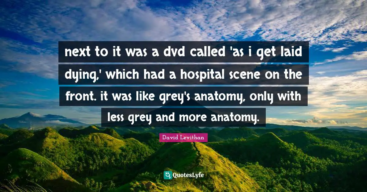 next to it was a dvd called 'as i get laid dying,' which had a hospital scene on the front. it was like grey's anatomy, only with less grey and more anatomy.