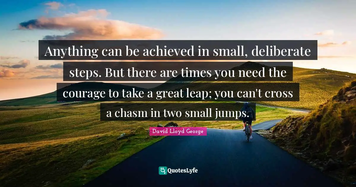 Deliberate Quotes: "Anything can be achieved in small, deliberate steps. But there are times you need the courage to take a great leap; you can't cross a chasm in two small jumps."