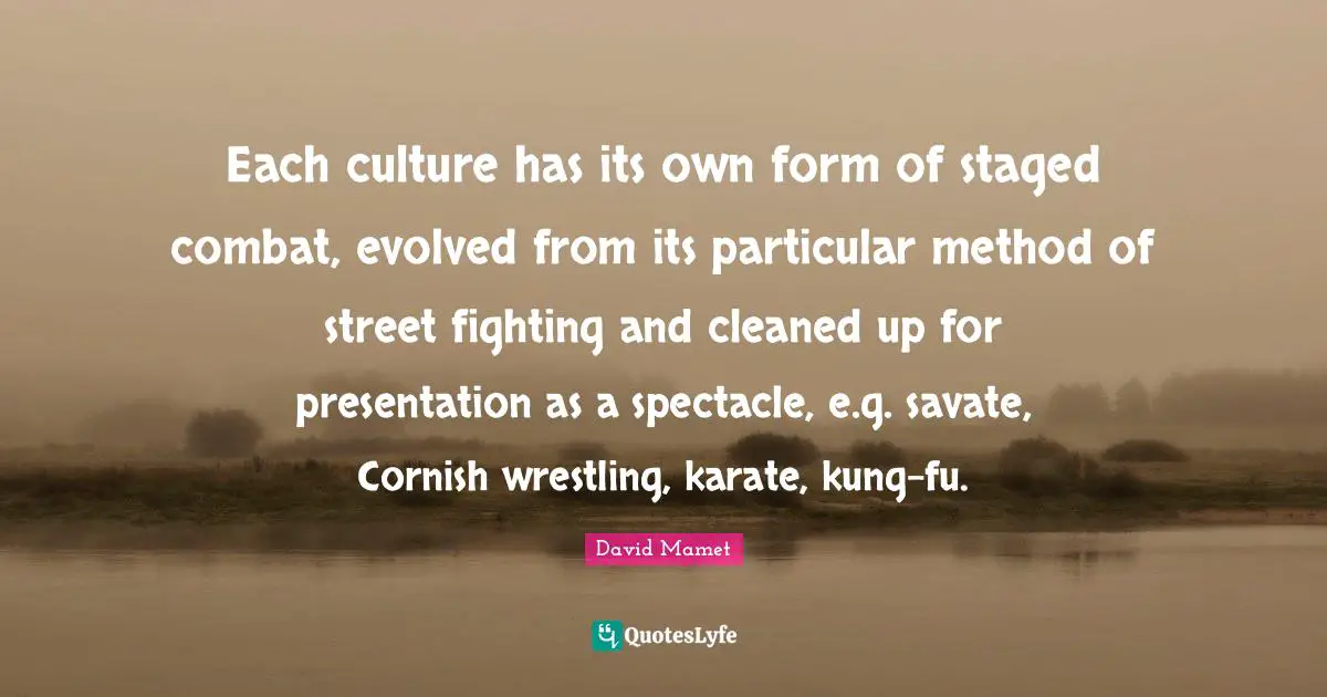 Each culture has its own form of staged combat, evolved from its particular method of street fighting and cleaned up for presentation as a spectacle, e.g. savate, Cornish wrestling, karate, kung-fu.