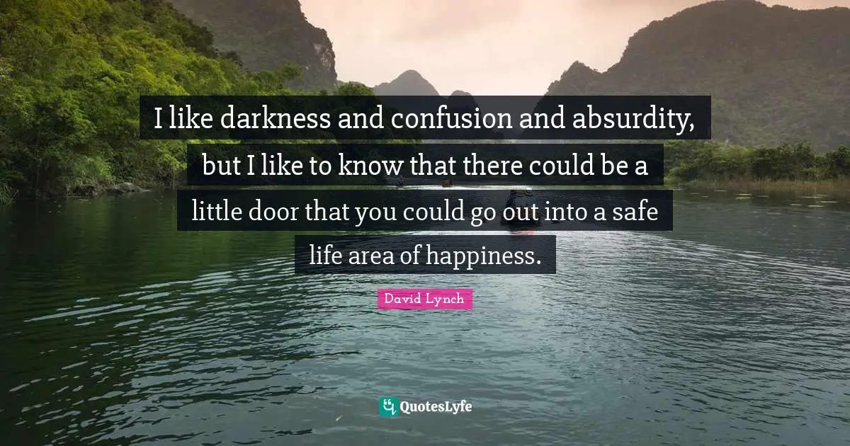 David Lynch Quotes: "I like darkness and confusion and absurdity, but I like to know that there could be a little door that you could go out into a safe life area of happiness."