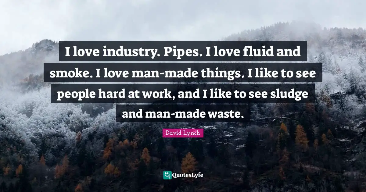 David Lynch Quotes: "I love industry. Pipes. I love fluid and smoke. I love man-made things. I like to see people hard at work, and I like to see sludge and man-made waste."