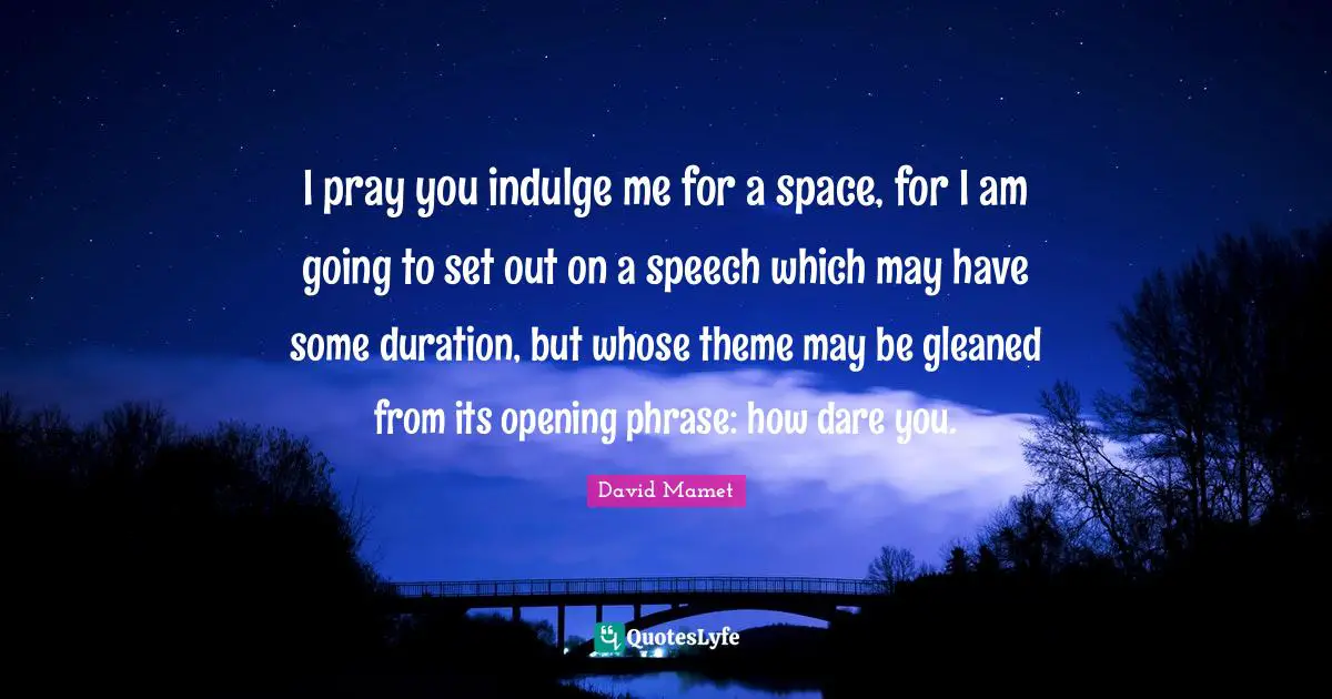 I pray you indulge me for a space, for I am going to set out on a speech which may have some duration, but whose theme may be gleaned from its opening phrase: how dare you.
