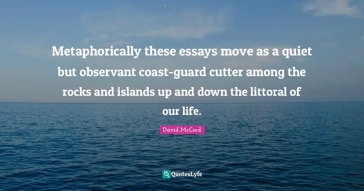 Metaphorically these essays move as a quiet but observant coast-guard cutter among the rocks and islands up and down the littoral of our life.