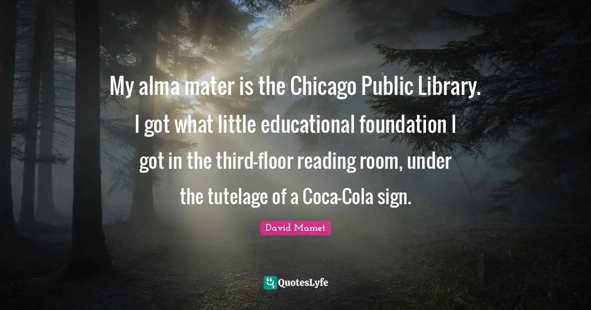 My alma mater is the Chicago Public Library. I got what little educational foundation I got in the third-floor reading room, under the tutelage of a Coca-Cola sign.