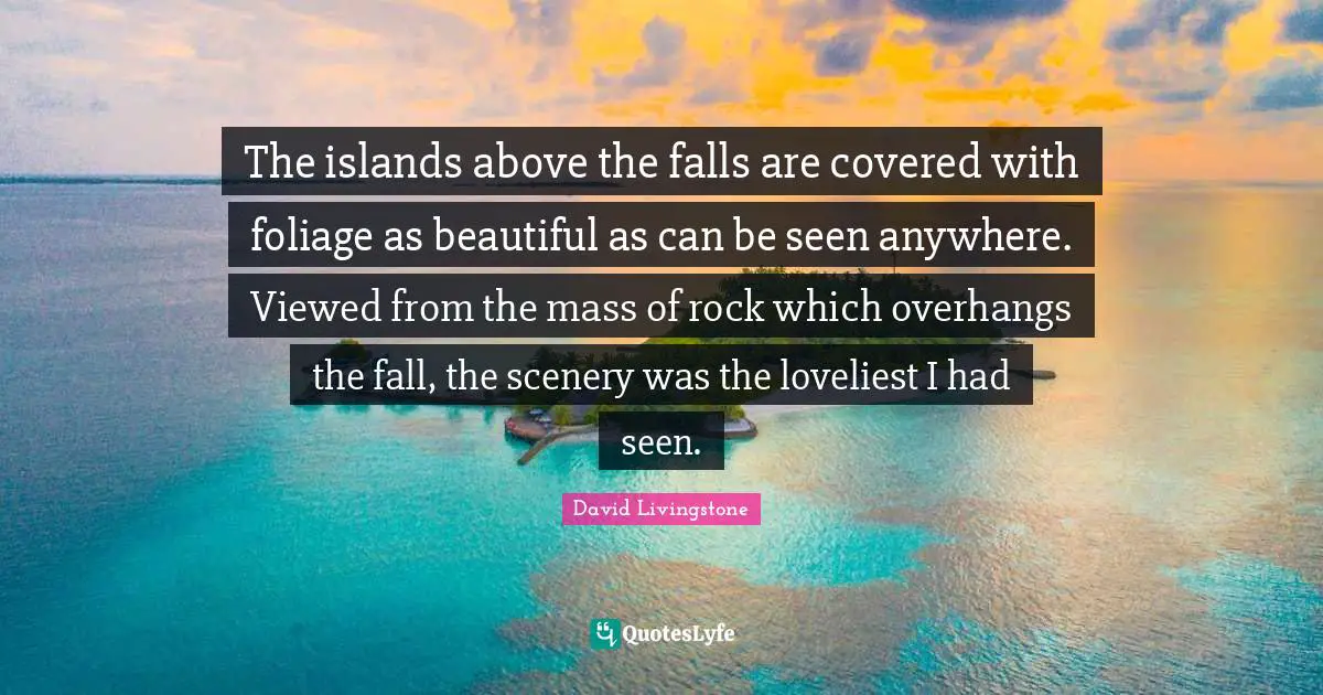 David Livingstone Quotes: "The islands above the falls are covered with foliage as beautiful as can be seen anywhere. Viewed from the mass of rock which overhangs the fall, the scenery was the loveliest I had seen."