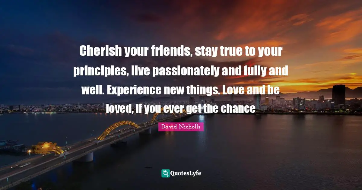 New Years Resolution Quotes: "Cherish your friends, stay true to your principles, live passionately and fully and well. Experience new things. Love and be loved, if you ever get the chance"
