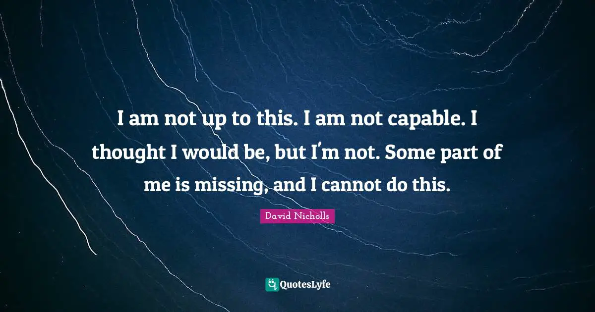 I am not up to this. I am not capable. I thought I would be, but I'm not. Some part of me is missing, and I cannot do this.