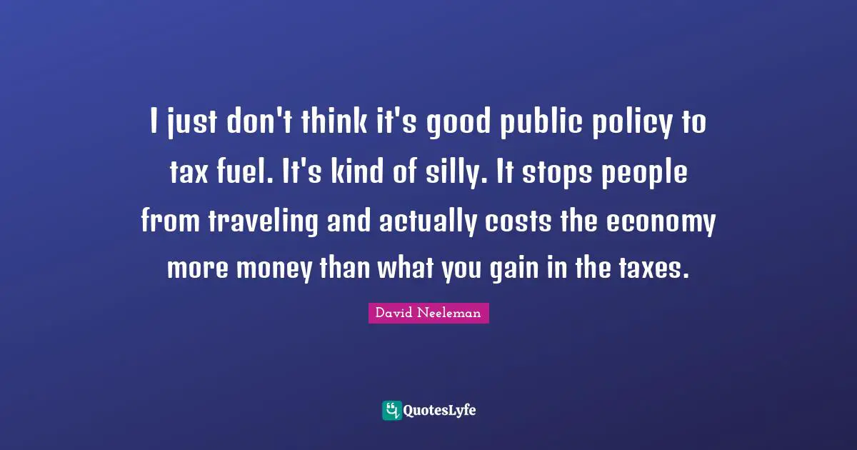 David Neeleman Quotes: "I just don't think it's good public policy to tax fuel. It's kind of silly. It stops people from traveling and actually costs the economy more money than what you gain in the taxes."
