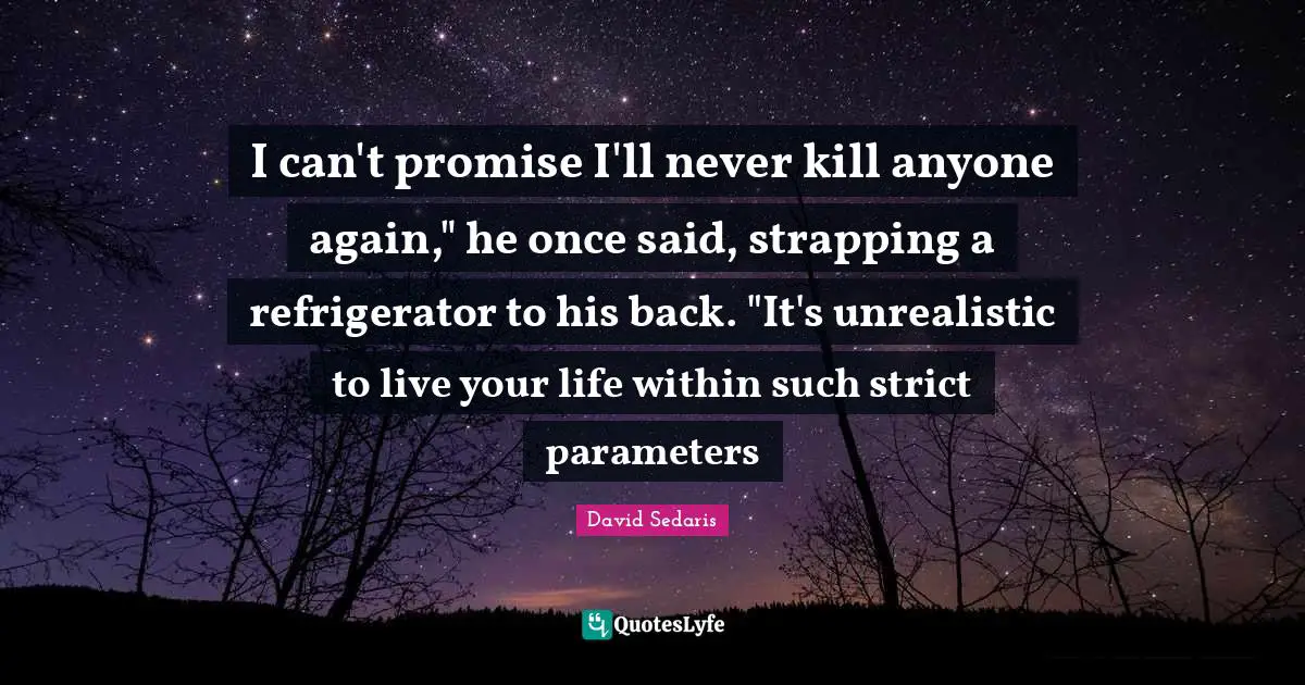 I can't promise I'll never kill anyone again," he once said, strapping a refrigerator to his back. "It's unrealistic to live your life within such strict parameters