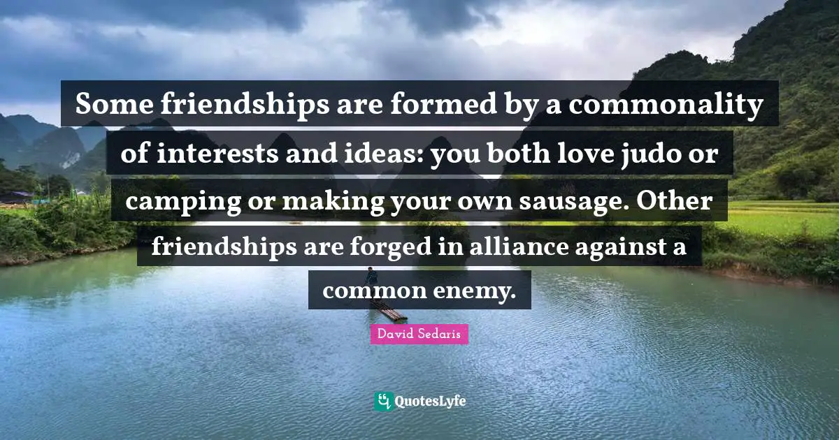 Forged Quotes: "Some friendships are formed by a commonality of interests and ideas: you both love judo or camping or making your own sausage. Other friendships are forged in alliance against a common enemy."