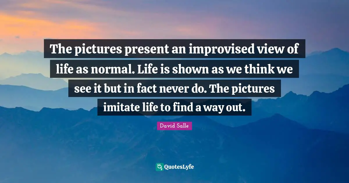 The pictures present an improvised view of life as normal. Life is shown as we think we see it but in fact never do. The pictures imitate life to find a way out.