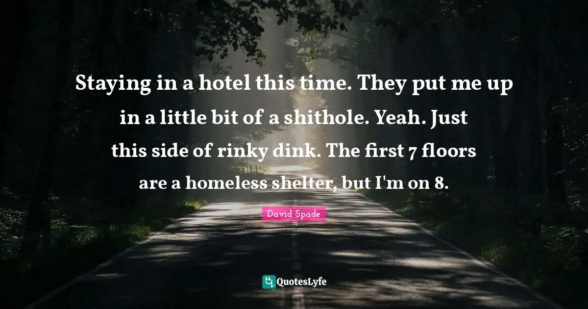 David Spade Quotes: "Staying in a hotel this time. They put me up in a little bit of a shithole. Yeah. Just this side of rinky dink. The first 7 floors are a homeless shelter, but I'm on 8."