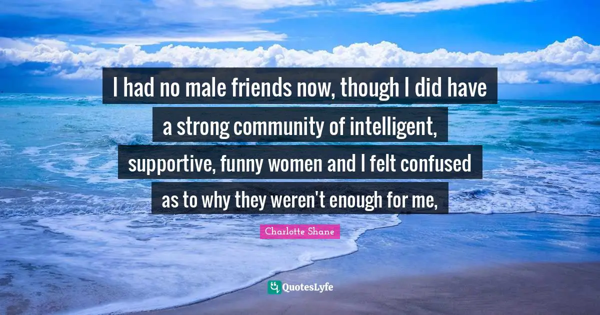I had no male friends now, though I did have a strong community of intelligent, supportive, funny women and I felt confused as to why they weren't enough for me, 