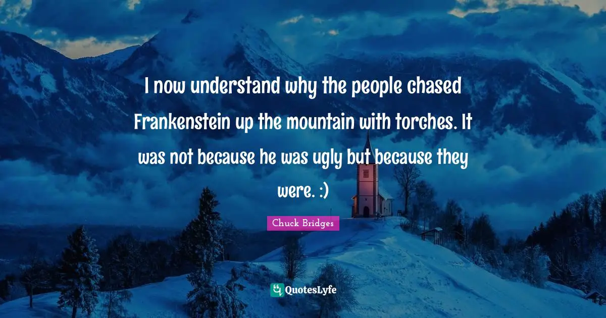 Frankenstein Quotes: "I now understand why the people chased Frankenstein up the mountain with torches. It was not because he was ugly but because they were. :)"