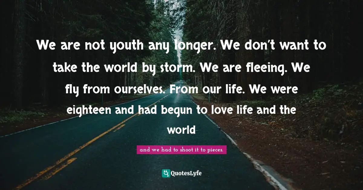 We are not youth any longer. We don’t want to take the world by storm. We are fleeing. We fly from ourselves. From our life. We were eighteen and had begun to love life and the world